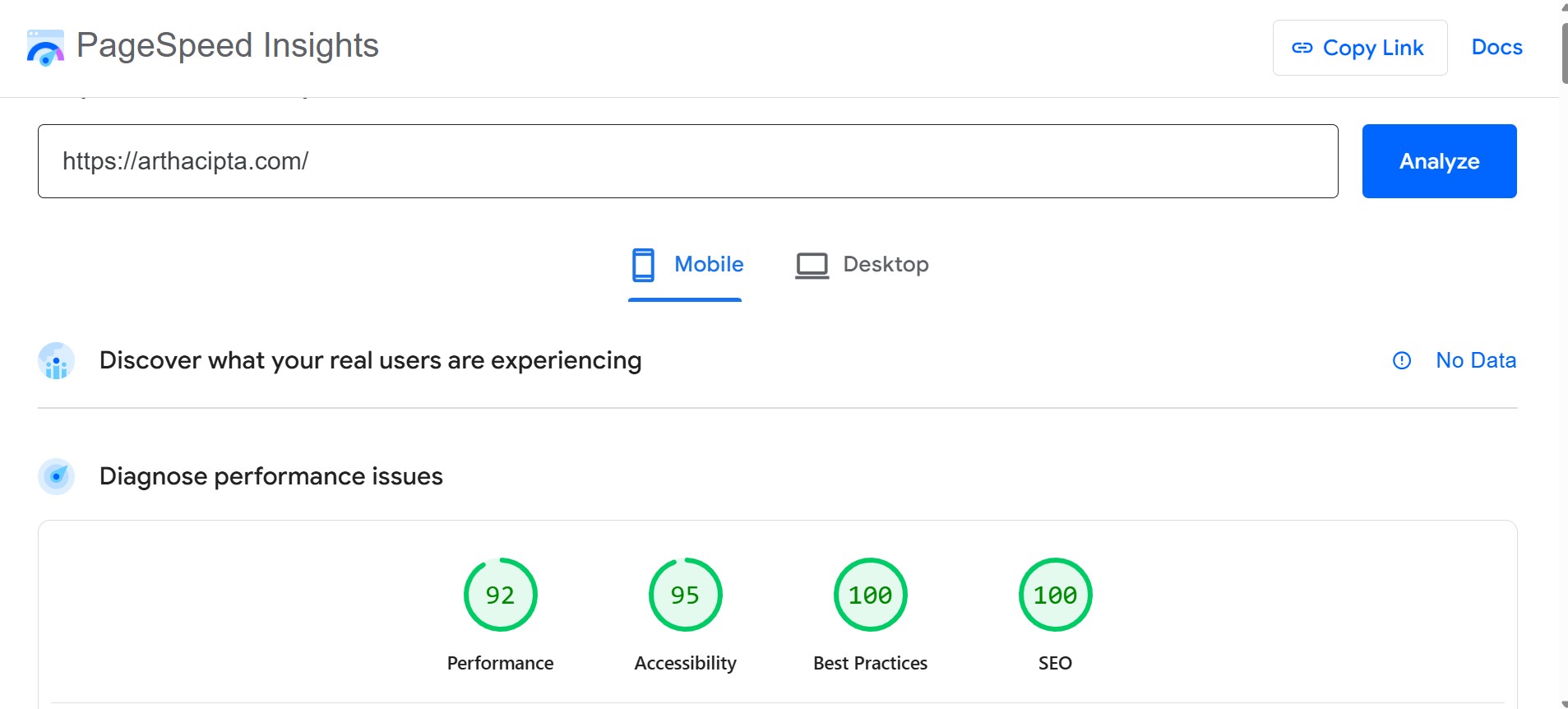 score pagespeed website karya digijala website bumdes artha cipta